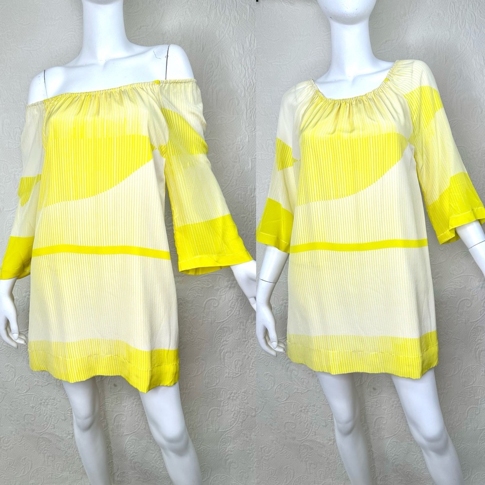 alice + olivia Silk Yellow Colorblock Off The Shoulder Mini Shift Dress
